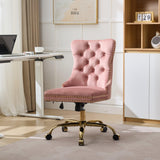 Pink Velvet Home Office Desk Chairs, Armless Vanity Chair with Wheels