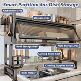 QIUHTR Over The Sink Dish Drying Rack with Cutlery Holder,Rust Resistant Dish Rack with Multifunctional Flip Up Pegs,Space-Saving Large Racks for Kitchen Counter for Dishes,Plates,Cups