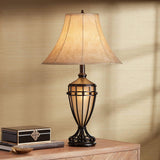 Franklin Iron Works Cardiff Traditional Rustic Urn-Shaped Table Lamps 33" Tall Set of 2 with Nightlight Brushed Iron Cage Champagne Glass Beige Fabric Bell Shade for Living Room Bedroom House