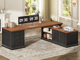 SEDETA Farmhouse L Shaped Desk with Drawers, 70.9" Home Office Desk with Storage Cabinet and Storage Shelves, L Shaped Computer Desk with Power Outlet，Black+Brown