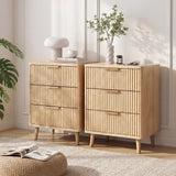 Go Beyond Fluted Night Stand with Charging Station, 3 Drawers Large End Table, Natural Nightstand Set of 2 with Storage, Wood Bedside Tables for Living Room, Bedroom (Wooden)