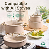 Chef Power Ceramic Cookware Sets, 15Pcs Pots and Pans Set Non Stick, Cookware Set with Stainless Steel Handle, Dishwasher & Oven Safe, Taupe and Light Gold Handle