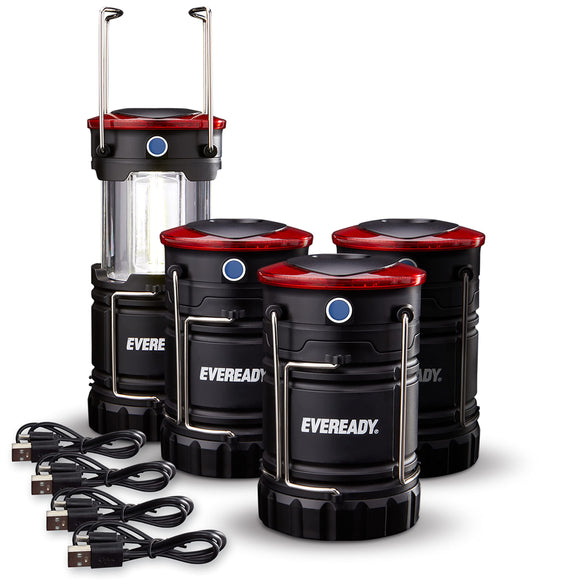 LED Camping Lanterns (4-Pack), Hybrid Power Rechargeable Collapsible Lantern Flashlights, Ultra Bright Tent Lights for Outdoors Eveready