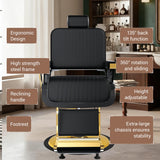 Felivine Reclining Barber Chair, Heavy Duty Hydraulic Barber Chair for Barbershop, Barber Salon Chairs with Vertical Stitch PU Leather, Adjustable Headrest & Footrest, 360° Swivel, Black and Gold