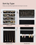 SONGMICS Mirror Jewelry Cabinet Armoire, Standing Full-Length Mirror, Lockable Jewelry Organizer, Gift Idea, White Surface and Black Lining UJJC69WT