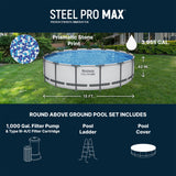 Bestway Steel Pro MAX 15' x 42" Above Ground Pool, Round Metal Frame Outdoor Swimming Pool Set with Filter Pump, Ladder, and Cover, Gray