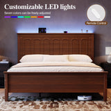 Uteeran Queen Size Bed Frame with Tall Headboard, Mid Century Modern Wood Platform Bed with Charging Ports and LED Lights, Solid Wood Slat Support, No Box Spring Needed, Easy Assembly, Warm Brown
