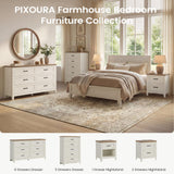 PIXOURA Farmhouse Nightstand Set of 2 with Charging Station, 22'' Wide Bedside Table with 2 Drawers & Metal Handle, Wood Night Stand End Side Table with Storage for Bedroom, Rustic White