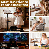 2 in 1 Dual-use Music Stand & Desktop Book Stand, Adjustable Height 16.5"-51", 100% Solid Wood Laptop Floor Stand Book Holder with Elastic Page Clips for Cookbooks (Black Walnut with Tray and Wheels)