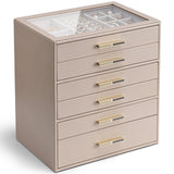 VLANDO 6 Layer Jewelry Box for Women, Glass Lid Jewelry Organizer with 6 Drawers for Necklaces Rings Earrings Bracelets - Toffee