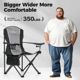 ALPHA CAMP Oversized Camping Folding Chair Heavy Duty Steel Frame Support 350 LBS Collapsible Padded Arm Chair with Cup Holder Quad Lumbar Back Chair Portable for Outdoor/Indoor (Black grey-2PC)