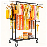 YGleeao Heavy Duty Clothes Rack: 800LBS Rolling Clothing Garment Rack for Hanging Coat Double Rods Portable Cloth Racks with Wheels Shelf Sturdy Metal Adjustable Wardrobe Bedroom Laundry Living Room