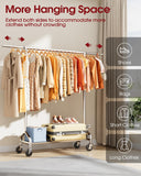 Sakugi Heavy Duty Clothes Rack - Garment Rack with Extendable Side Rods & Bottom Shoe Shelf, 25mm Stainless Steel Frame with Wheels, 49.8–74.8'' x 62.6'' x 16.5'', Silver