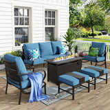 MFSTUDIO 6 Piece Metal Patio Furniture Set with Fire Pit Table, Denim Blue