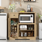 GarveeHome Kitchen Microwave Cabinet with Storage and Drawers, Modern Small Buffet Cabinet with Glass Doors and Adjustable Shelf, Wooden Sideboard with Wide Top for Dining Room, Living Room, Natural