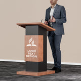 Customizable Logo & Text Podium Stand,Wood Lectern with Lockable Wheels,15MM Particle Board,Church Pulpit with Storage, Mic Stand Space,Wooden Podium for Seminars and Schools(Customized A)
