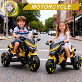 12V Electric Kids Motorcycle for 3-8 Year Old Boys Girls, 3-Wheel Ride-On Toy Motorbike with Lighting Wheels, Music Player (Connect with Phone) and Hand Drive (Yellow)