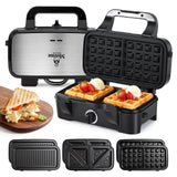 Upgraded 3-in-1 Belgian Waffle Maker 1200W, Breakfast Sandwich Maker & Waffle Iron with Removable Nonstick Plates, 5-Gear Temperature Control