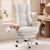 Daluvenix Cross Legged Office Chair with Flip Armrests，Big and Tall Executive Office Chair, 135° Reclining Criss Cross Chair with Footrest & Lumbar Pillow, Sink-in Cloud Cushion, Sherpa Fleece, White