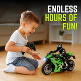 Liberty Imports 2.4G RC Remote Control Stunt Motorcycle with Riding Figure, 1:10 Scale High Speed Cross Country 360 Degree Rotation Drift Shockproof Racing Motorbike (Green)