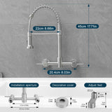 AIMADI Wall Mount Kitchen Faucets, 8-Inch Center Wall Mount Kitchen Sink Faucet with Pull-Down Sprayer,Modern Stainless Steel Design Double Lever Control