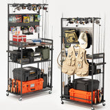 SOYEEZE Fishing Rod Holders for Garage,Fishing Gear Holder for Fishing Rod Tackle Box Storage，Fishing Pole Holders for 12 Rods with Hooks and Pegboard,Fishing Cart with Reel Rack