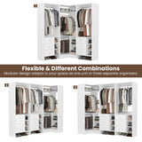 HOMPUS Modular L-Shaped Closet System with 6 Drawers & 4 Hanging Rods, Reversible Walk-in Closet Organizer, Freestanding Wooden Wardrobe Storage for Bedroom, White (92.6"L * 31.5"W / 63"L * 61"W)