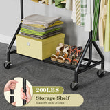 Holiwei Clothes Rack Load 450 LBS, Heavy Duty Garment Rack, Standing Rolling Metal Hanging Clothes with Sturdy Wheels & Shelves, Black