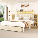 Lazmvlz King Size Bed Frame with 2 Storage Drawers, LED Chenille Headboard with 2 Movable Storage Cabinets, Platform Bed with Charging Station, No Box Spring Needed, Easy Assembly, Beige
