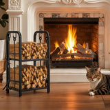 HONEST OUTFITTERS Firewood Rack Indoor, 2-Tier Firewood Rack Outdoor with 4 Pieces Fireplace Tools Set, Heavy Duty Log Wood Holder for Fireplace, Fire Pit, Wood Stove Black