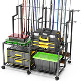 Miratino Fishing Rod Holders for Garage, 24 Rod Fishing Pole Rack Cart with Wheels, Fishing Rod Storage Organizer with Shelves, Rolling Tackle Storage Rack for Fishing Gear, Garage Basement Shed