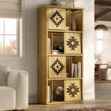 nesture. Bookcase & Bookshelf Set of 2 with Movable Bookends, 4-Tier Open Storage Shelves, Beveled Gliding Doors, Large Wooden Display Cabinet for Living Room, Home Office, Bedroom, Natural Oak