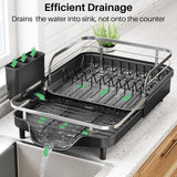 SNTD Dish Drying Rack, Expandable Dish Rack for Kitchen Counter, Stainless Steel Dish Drainer with Drainboard Set and Utensil Holder (Black)