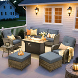 ovios 7 Pieces Patio Furniture Set, Outdoor Wicker Sofa Couch with Swivel Glider Chairs Fire Pit Table