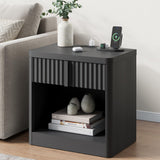 Harpaq Fluted Nightstand with Charging Station, 23.6" End Table with Solid Wood Handle, Curved Profile Design, Mid Century Moden Bedside Table for Bedroom, Black