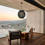 Outdoor Handmade Rattan Pendant Light Coastal Boho 1-Light 20 in. Matte Black Tiered Drum Ceiling Light for Patio with Wicker Rattan Shade