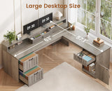 L Shaped Desk with Drawers, Farmhouse Corner Computer Desk, Wood Office Desk with File Drawers with Storage