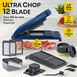 UltraChop All-In-1, 12 Blade Heavy Duty Vegetable Chopper, Food Chopper Container, Spiralizer, Mandoline Slicer Onion Mincer, French Fry And Salad Cutter, Home Essentials & Kitchen Gadgets, Blue