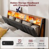 IKIFLY King Bed Frame with Dustproof Storage Drawers, Ergonomic Hidden Storage headboard with Charging Station, Upholstered LED King Platform Bed, No Box Spring Needed, Easy Assembly, Dark Grey