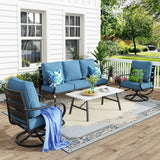 MFSTUDIO 4 Piece Metal Patio Furniture Set with Denim Blue Cushions