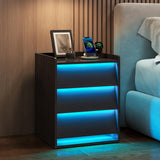 PIXOURA LED Nightstand with Charging Station, Modern Night Stand with 3 Slanted Drawers & LED Lights, Wood Bedside Table End Side Table for Bedroom, Office, Black