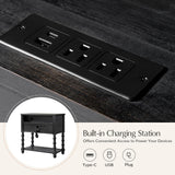 HULALA HOME Farmhouse Storage End Table Set of 2 with 2 Drawers and Open Shelf, Solid Wood Side Table with Spindle Legs, End Table with Charging Station (Charcoal)