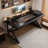 Modern Solid Wood Computer Desk - 55" Black Farmhouse Executive Workstation with Metal Frame - Simple Home Office & Gaming Table for Study, Writing & Dining