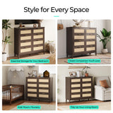 LINSY Rattan Dresser for Bedroom, Wide Mid-Century Modern Tall Chest of Drawers, Large Storage Wood Dresser with Deep Drawers, 8 Drawer, Dark Wood