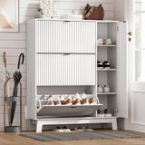 Shoe Cabinet Storage for Entryway with 3 Flip Drawers & Side Cabinet, Fluted Narrow Shoe Organizer with Wooden Leg, Freestanding Shoe Storage Hidden Shoe Rack Organizer for Front Door Entrance, White