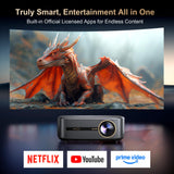 Alvar Smart Projector 2026 Upgraded, 2000 ANSI, 4K Supported, Built in NetfIix App, DoIby Audio & 50W Speakers, Auto Focus, WiFi 6, Bluetooth 5.3, Home Theater & Outdoor Movie Projector, Black