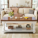 Besiost Farmhouse Coffee Table with Storage, 47" Mid Century Coffee Tables for Living Room, Modern 2-Tier Rectangle Coffee Table with Solid Wood Legs, Vintage Living Room Tables, Rustic Brown