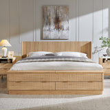 T4TREAM Fluted King Bed with Headboard and Storage Bench, Natural Oak