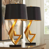 Possini Euro Design Zeus 28 1/2" Tall Modern Glam End Table Lamps Set of 2 Sculptural Gold Leaf Living Room Bedroom Bedside Nightstand House Office Home Reading Kitchen Entryway Console Black Shade