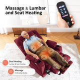 MCombo Triple Motor Lay Flat Power Lift Recliner Chair for Tall Elderly, Infinite Position, Massage, Dual Heating, Adjustable Headrest, Fabric 7634 (Burgundy, Large)